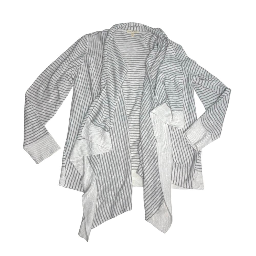 Eileen Fisher Linen, Cotton Slub White Stripe Cascading Cardigan L
